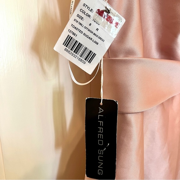 ALFRED SUNG Off-the-Shoulder Draped Wrap Satin Maxi Dress Toasted Sugar 8 AS IS - Picture 8 of 11